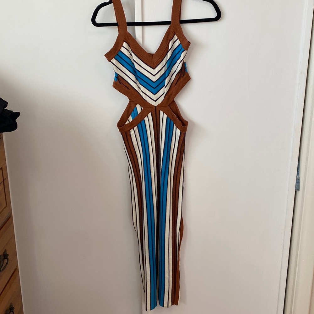 *Boutique* Knit Burnt Orange and Blue dress with Ivory lines.